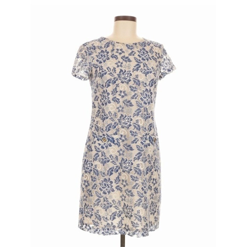 *Tommy Hilfiger Women's Cream Midi Blue Floral Lace Overlay & Gold Accents Dress